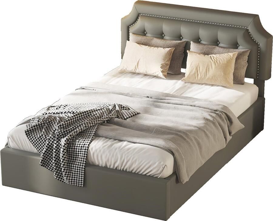 Merax Kunstleer Tweepersoonsbed 140x200 cm Bed met Hydraulisch Opbergruimte Verstelbaar Hoofdbord Grijs