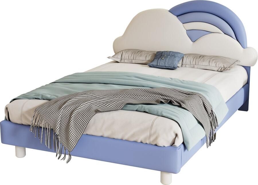 Merax Kunstleer Tweepersoonsbed 140x200 cm Bed met Regenboog en Wolk Vorm op Hoofdbord Gestoffeerd Kinderbed Blauw met Wit
