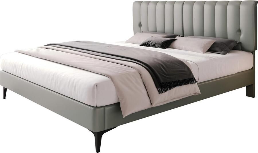 Merax Kunstleer Tweepersoonsbed 140x200 cm Luxe Gestoffeerd Bed met Hoofdbord Grijs