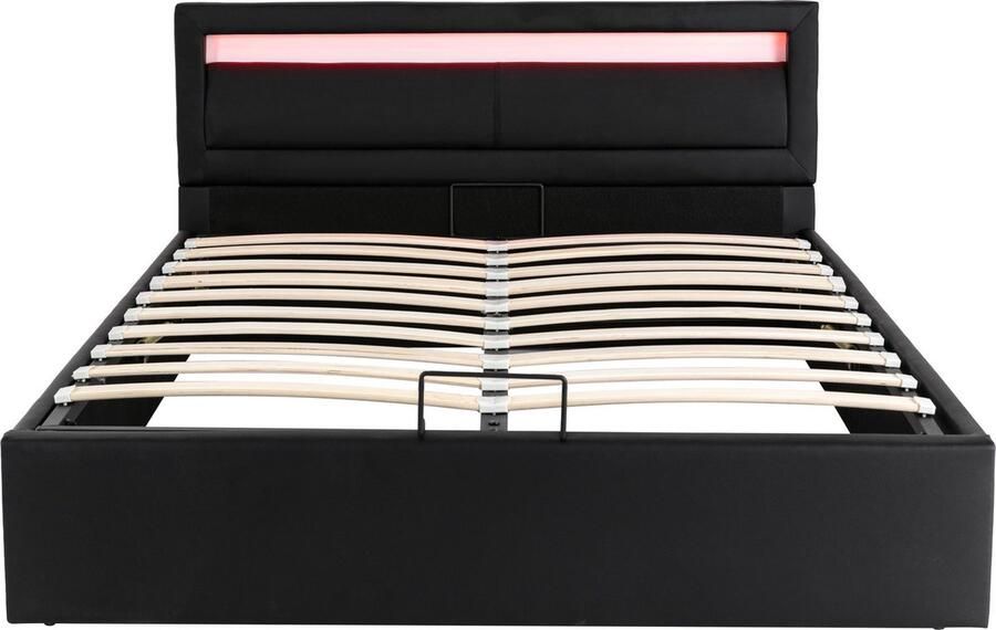 Merax Gestoffeerd Bed 140x200cm met LED-Verlichting Lattenbodem en Opbergruimte Verlicht Hoofdbord Zwart Kunstleer & Hout