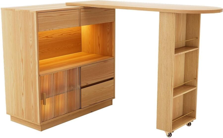 Merax L-Vorm Bureau met Kast Verstelbare Tafel op Wielen en LED Verlichting – Draaitafel 180 cm – Bureau met Opbergruimte en Schuifdeuren Naturel Hout