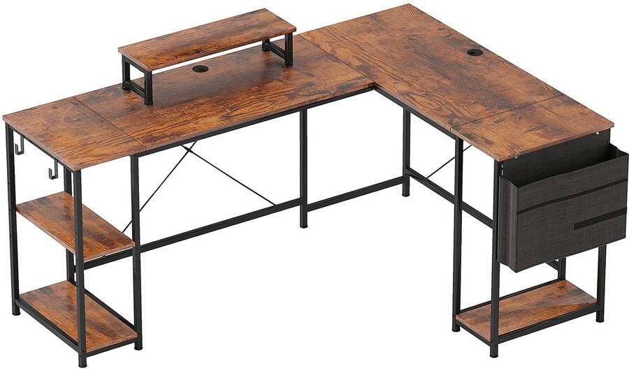 Merax L-Vorm Gaming Bureau 168x120 cm Verstelbaar Hoekbureau met Monitorstandaard en Opbergvakken – Rustiek Bruin – Omkeerbaar Computertafel voor Thuis en Kantoor