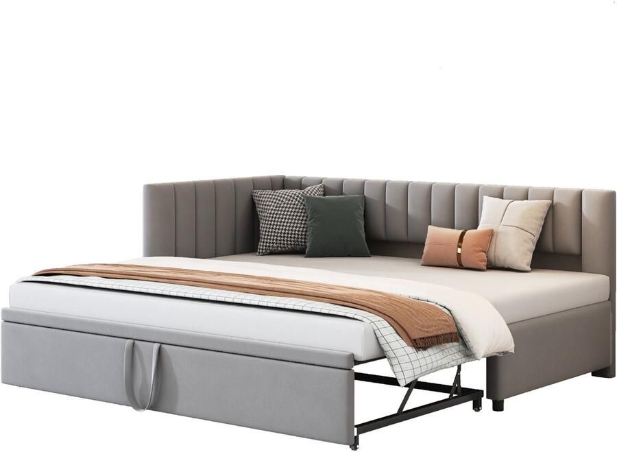 Merax L Vorm Slaapbank met Uitklapbaar Logeerbed Vergrootbaar Bed van 90x200 tot 180x200 Gestoffeerd in Luxe Fluweel Grijs