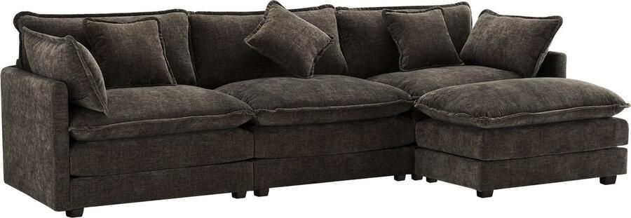 Merax L-vormig Hoekbankstel – Chenille-stof – 3-zitsbank met Hocker – Moderne Designbank – Flexibel en Comfortabel – Voor Woon- en Slaapkamer – Donkergrijs