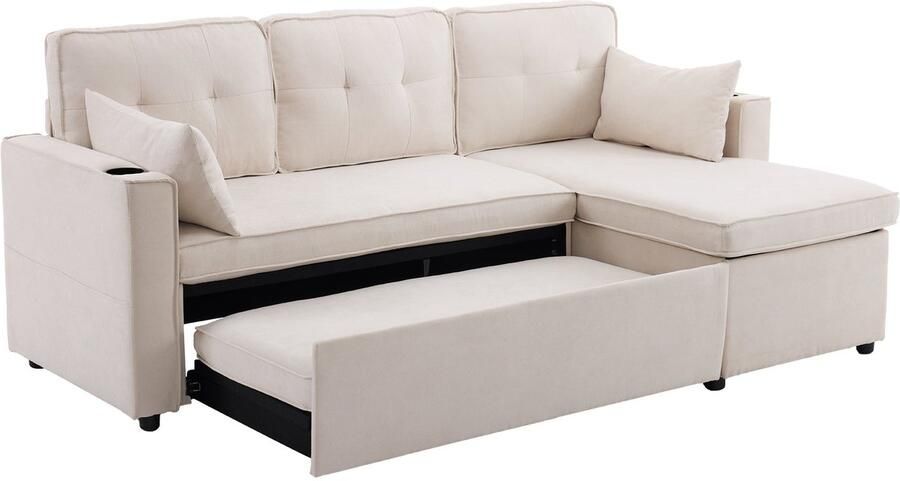 Merax L-vormige Slaapbank met Opbergruimte en Slaapfunctie – 3-Zits Chaise Longue met Bekerhouders en Omkeerbare Indeling – Beige - Foto 2