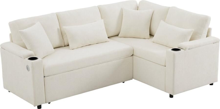 Merax L-vormig Uitschuifbaar Hoekbank – Slaapbank met Opbergruimte – USB-Oplaadpoort – Bekerhouder – Armleuningrek – 4 Kussens – Beige