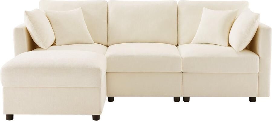 Merax L-vormige Hoekbank met Voetenbank 3-zits Slaapbank 4 Kussens Verstelbare Armleuningen Comfortabele Chenille Stof Geschikt voor Woonkamer Beige