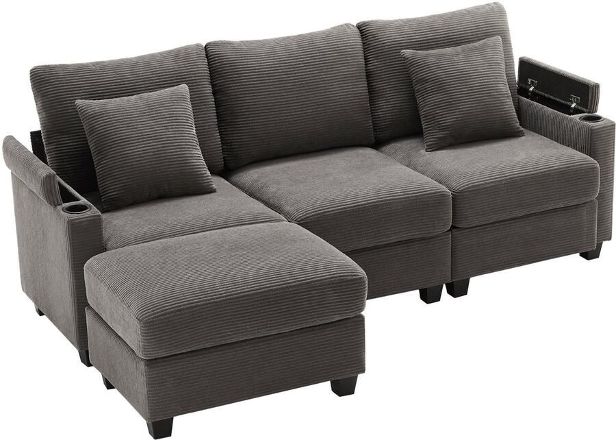 Merax L-Vormige Hoekbank – Ombouwbare 3-Zits Bank met Hocker – USB-Oplader – Bekerhouder – Armleuning Opbergruimte – 2 Kussens – Donkergrijs Corduroy