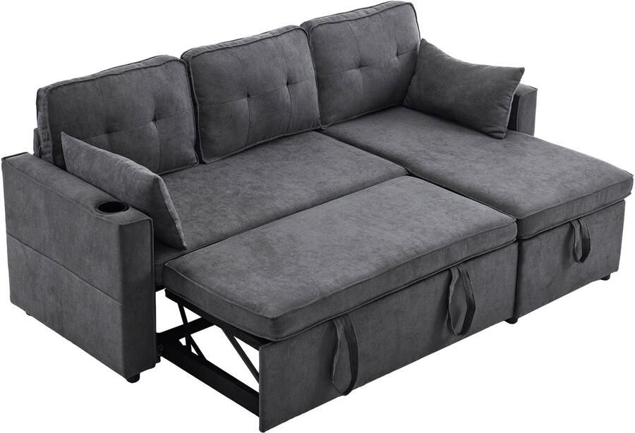 Merax L-vormige Slaapbank met Opbergruimte Moderne Hoekbank met Slaapfunctie 3-Zits Bank Omkeerbare Chaise Longue Inclusief Kussens & Bekerhouder Grijs