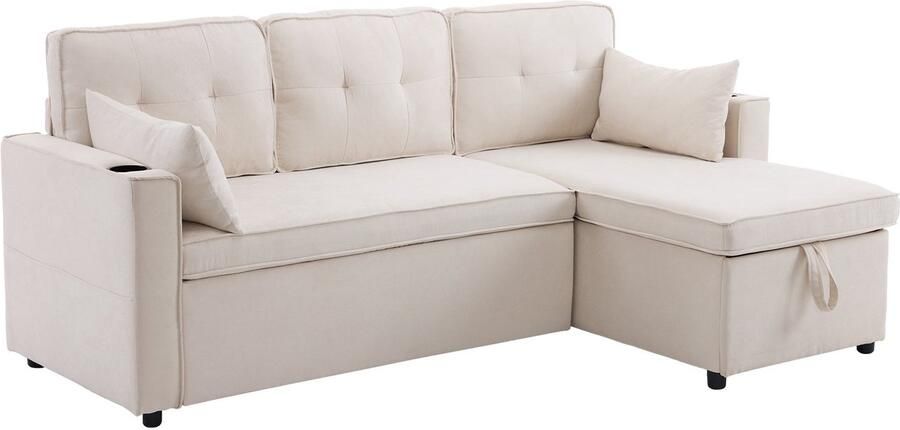 Merax L-vormige Slaapbank met Opbergruimte en Slaapfunctie – 3-Zits Chaise Longue met Bekerhouders en Omkeerbare Indeling – Beige