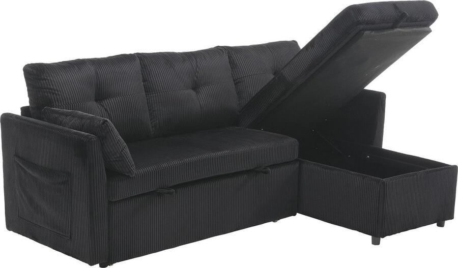 Merax L-vormige Slaapbank met Opbergruimte – Modulaire Hoekbank Uitschuifbaar Bed Interchangeabele Chaise Longue Zwart Fluweel Geschikt voor Woonkamers - Foto 2