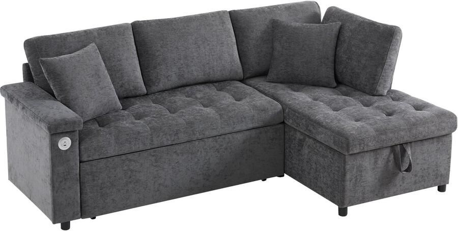 Merax L-vormige Slaapbank met Opbergruimte Uitschuifbaar Sofa Bed met USB Oplaadfunctie Armleuningrek 2 Kussens Fluwelen Chenille Stof Grijs