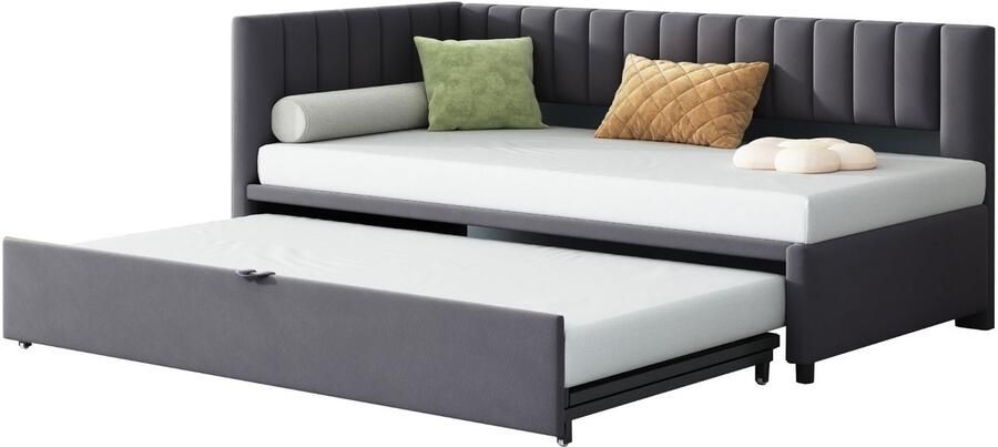 Merax L-vormige Slaapbank met Uitschuifbaar Bed – 90 tot 180x200 cm – Grijs Fluweel