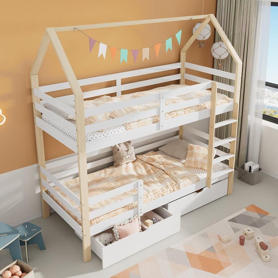 Sweiko Stapelbed Huisvormig Kinderbed grote lades Dennenhouten Huisbed voor kinderen 90 x 200cm zonder matras Wit en natuurlijk