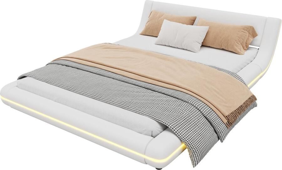 Merax 140x200 cm Laag Bed met LED-Verlichting Wit PU-Leren Bedframe Inclusief 24-Knoppen Afstandsbediening Bodembed met Lattenbodem (Zonder Matras)
