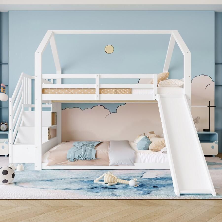 Sweiko Stapelbed 140x200cm met Opbergtrap en Glijbaan Huisbed Kinderbed met reling Geschikt voor Kinderen Tieners Wit