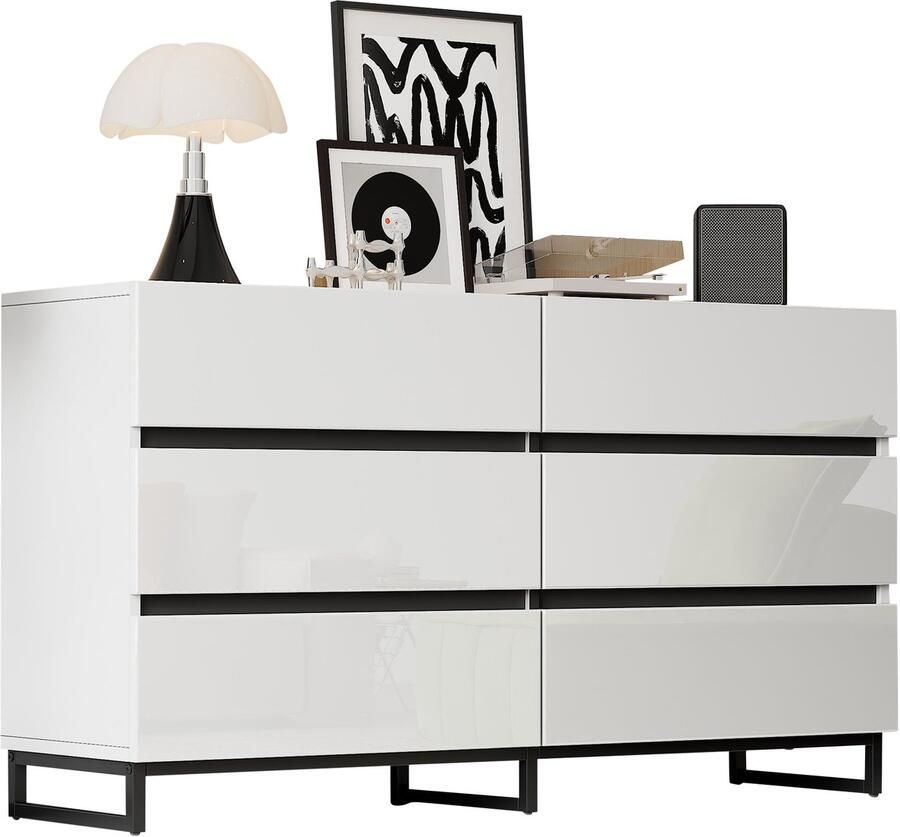 Merax Ladekast 140 cm – Dressoir met 6 Lades en Hoogglans Fronten – Opbergkast op Metalen Poten – Wit met Zwart