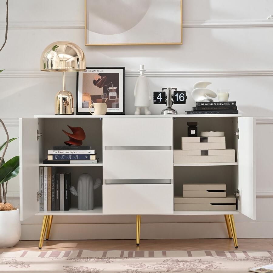 Merax Ladekast dressoir met 3 lades en 2 deuren kaptafel met verstelbare legplanken en anti-kantelbeveiliging 120 x 40 x 78 cm Wit