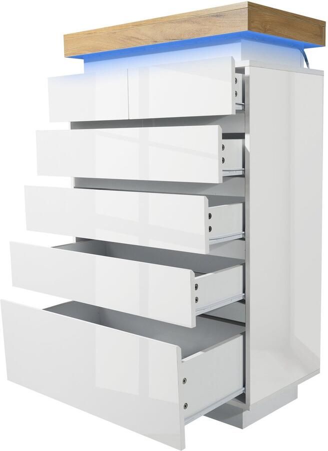 Merax Hoogglans Dressoir met 6 Lades – LED Verlichting met App-bediening – Moderne Opbergkast voor Woonkamer of Slaapkamer – 73x39x115 cm – Wit