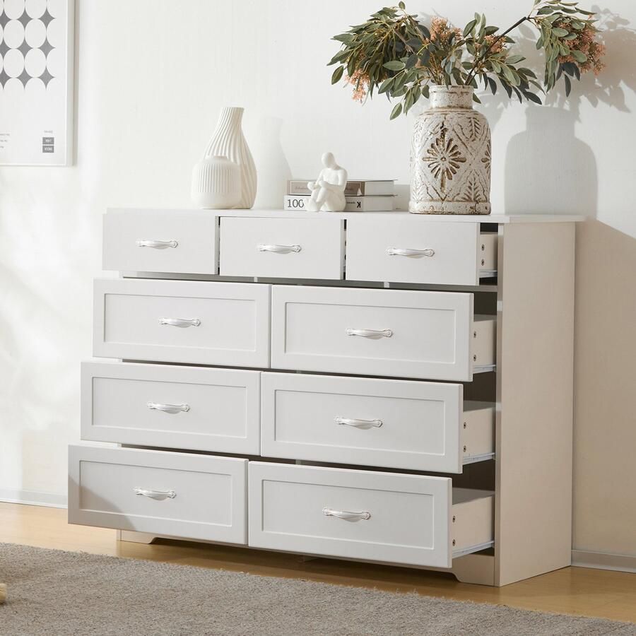 Merax Ladekast met 3 lades en 2 deuren met metalen poten en glazen deuren Wit 120 x 38 x 79 5 cm