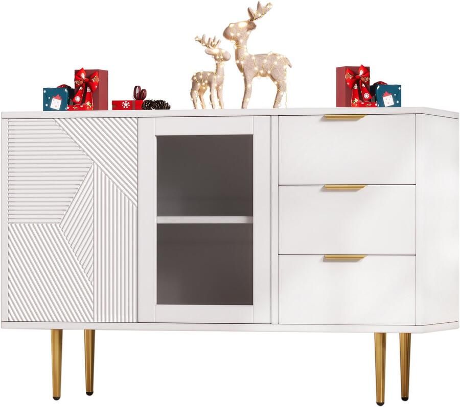 Merax Ladekast met 3 lades en 2 deuren met metalen poten en glazen deuren wit 120 x 38 x 79 5 cm