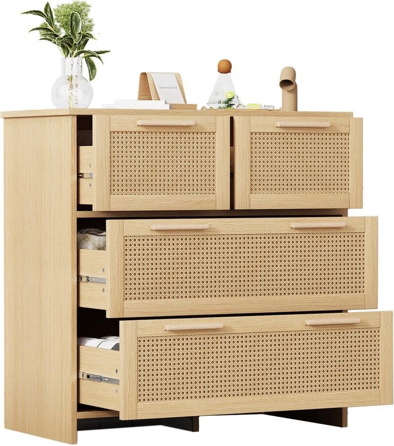 Merax Hoge kwaliteit 4-lades rotan kast Massief houten handgrepen 80 x 80 x 38 cm Geschikt voor elke ruimte
