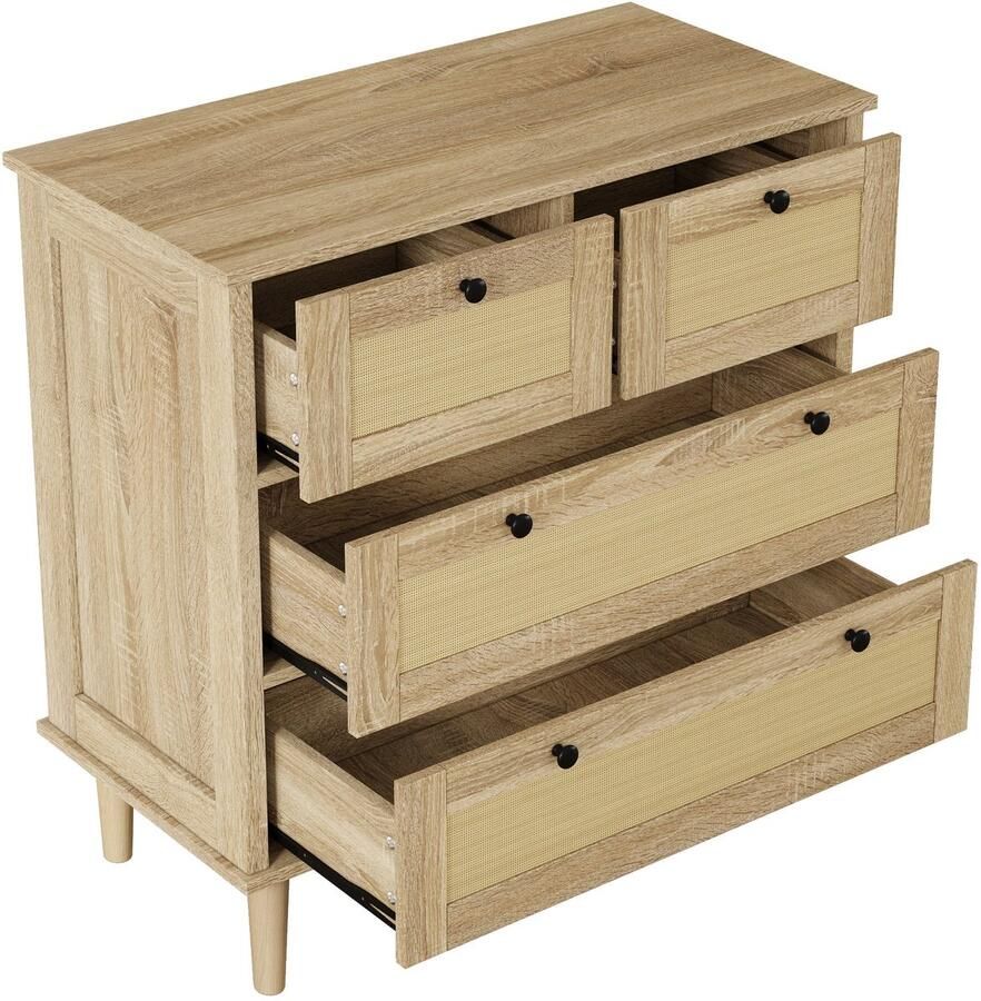 Merax Ladekast met 4 Lades Commode met Rattan Fronten en Massiefhouten Poten Opbergkast 80x40x80 cm Naturel