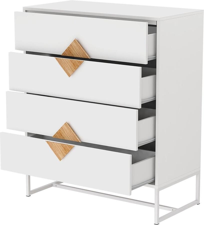 Merax Ladekast met 4 Lades – Witte Houten Commode met Uniek Handvat Design – Moderne Dressoir Kast met IJzeren Frame voor Slaapkamer of Hal
