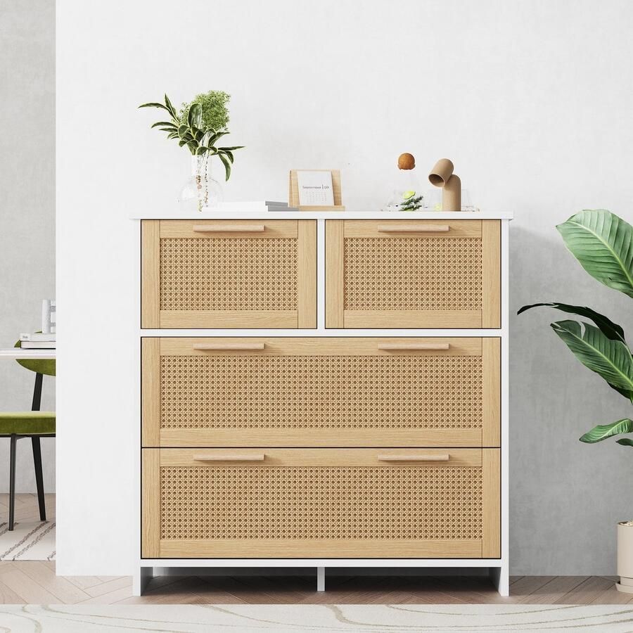 Merax Ladekast met 4 Rattan Lades – Dressoir 80x80 cm – Opbergkast in Wit met Hout Bruin – Scandinavisch Design – Rotan en Houten Grepen