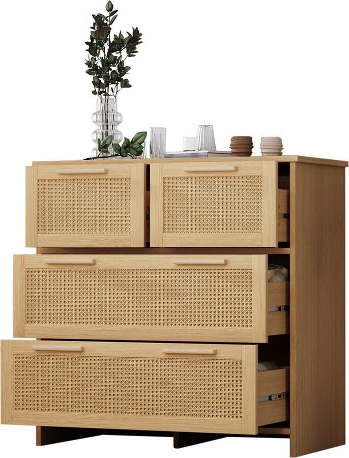 Merax Hochwertiger 4-Schubladen-Rattanschrank mit Massivholzgriffen Geeignet für Schlafzimmer Wohnzimmer Esszimmer Flur Maße: B80 H80 T38 cm