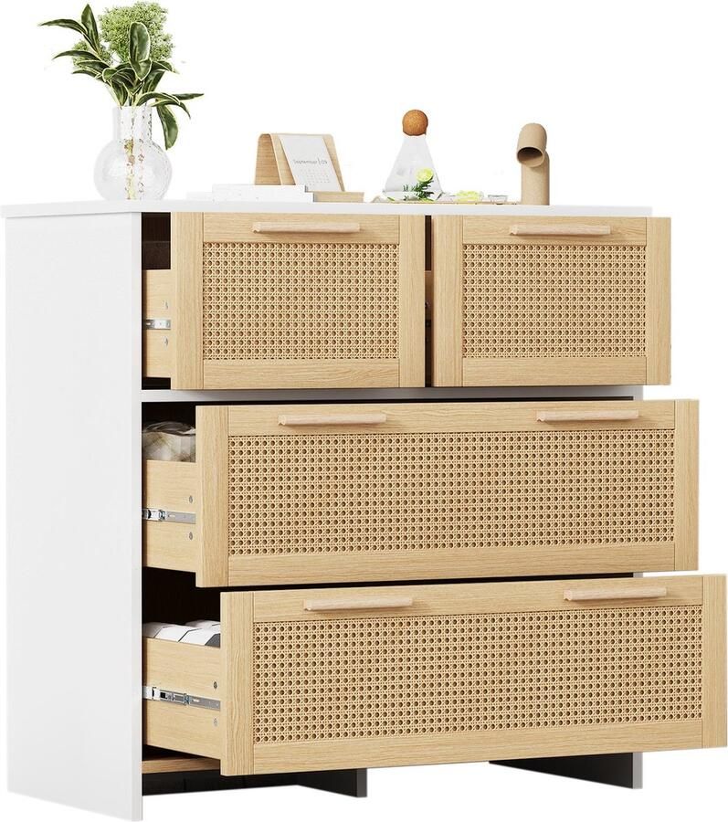 Merax Ladekast met 4 Rattan Lades – Dressoir 80x80 cm – Opbergkast in Wit met Hout Bruin – Scandinavisch Design – Rotan en Houten Grepen - Foto 2