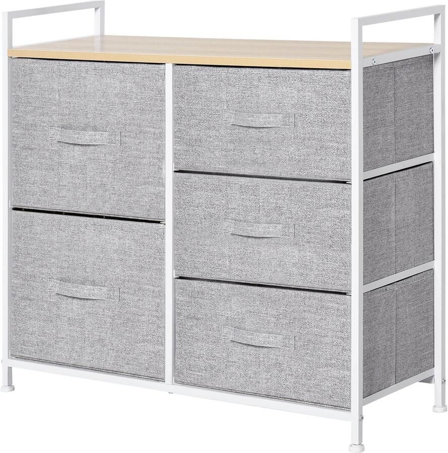 Merax Ladekast met 5 Stoffen Lades – Opbergkast – Metalen Frame – Slaapkamer & Woonkamer – 83x29x77 cm – Grijs