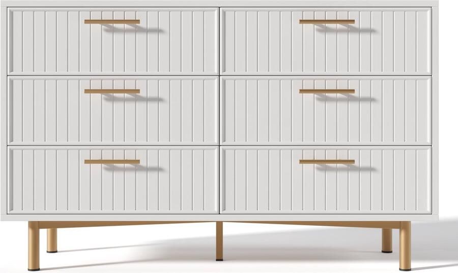Merax Ladekast met 6 Laden Wit Moderne Kommode voor Slaapkamer en Woonkamer 120x40x75 cm Stijlvolle Opbergoplossing met Gouden Accenten