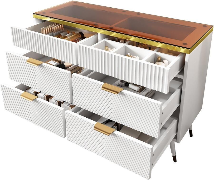 Merax Ladekast met 6 lades dressoir van amber glas vakverdeler kantelbestendige 120 x 40 x 76 cm wit