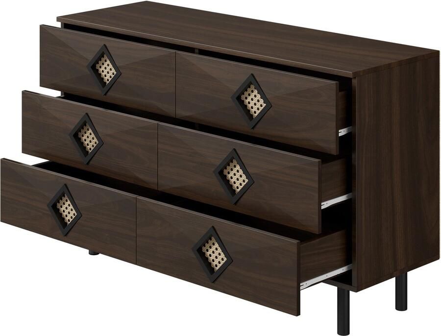 Merax Schminktisch 6 Lades met Rattan Griffen Opbergmeubel voor Slaapkamer & Woonkamer Walnoot