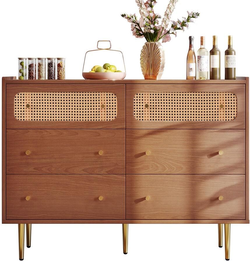 Merax Ladekast met 6 Lades- Rattan Sideboard Dressoir Bruin H90 B120 T40 cm