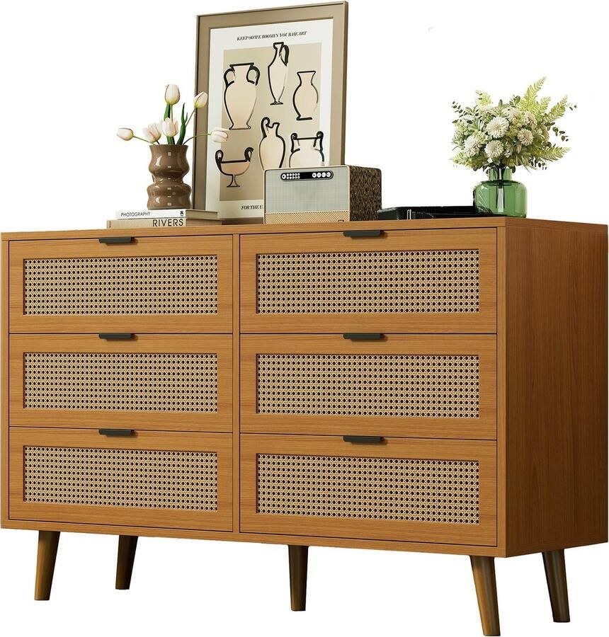 Merax 6-Lades Commode met Metalen Grepen – Houten Sideboard met Massiefhouten Poten – Dressoir met Veel Opbergruimte – 120x76 5x40 cm Walnootkleur