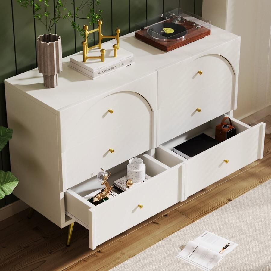 Merax Ladekast met 6 Lades Wit Dressoir Highboard voor Slaapkamer & Alle Woonkamers Crème-Wit -120 x 85 x 40 cm