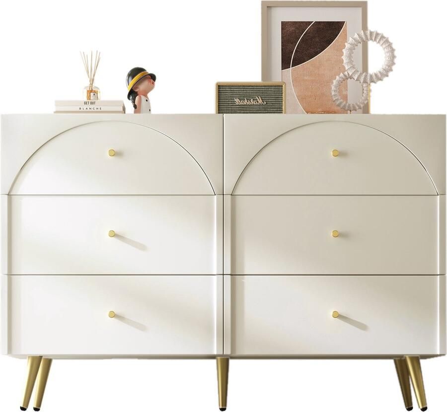 Merax Schubladenkommode – Dressoir met 6 Schubladen in Creme-Wit – Sideboard Highboard voor Slaapkamer en Woonkamers – 85x120x40 cm