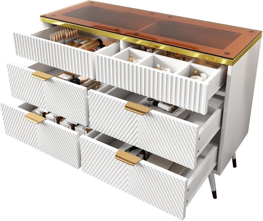 Merax Ladekast met 6 Schuiflades – Moderne Dressoir met Bruin Glazen Fronten – Witte Opbergkast met Metalen Poten en Anti-Kantel Beveiliging – 120 x 40 x 76 cm