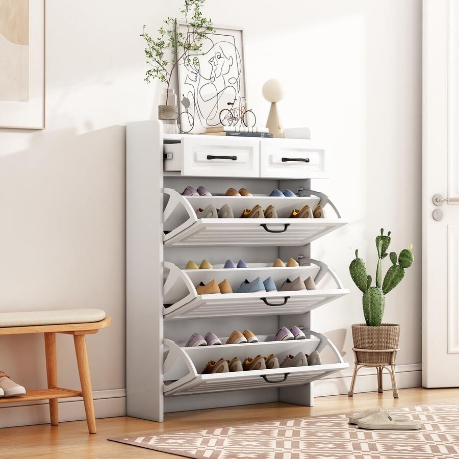 Merax Ladekast met draaibare schoenenkast bestaande uit drie grote kleppen en twee lades houten schoenenkast 80x23 5x125 cm