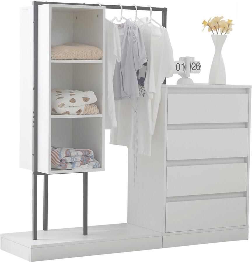 Merax Schuifladekast met Kledingstang – 2-Delige Kledingkast Set – Witte Opbergkast met Schappen en Lades – 140x40x135 cm – Spaanplaat & Metaal