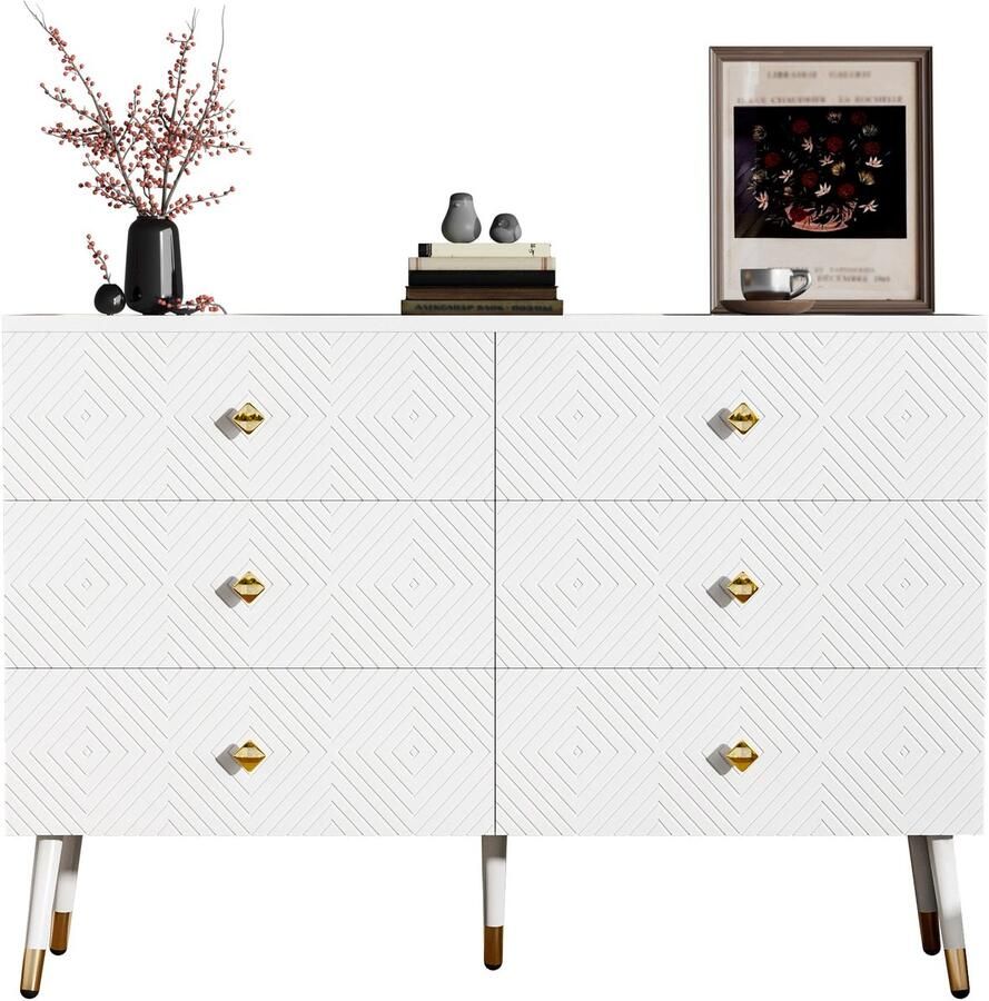 Merax Ladekast Wit Met 6 Lades En Gouden Handgrepen – 120x40x80 Cm – Moderne Commode Voor Slaapkamer Of Woonkamer