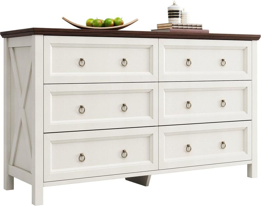 Merax Ladekast Wit Met Walnootkleurig Blad 134x40x79 cm 6 Lades Aluminium Handgrepen MDF Dressoir Voor Woonkamer Of Slaapkamer