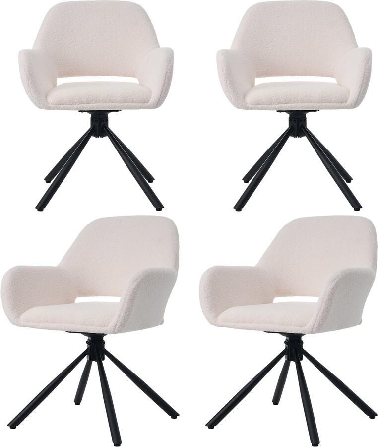 Merax Lamswollen stofeetkamerstoelen set van 4 met armleuningen modern minimalistisch eetkamerstoelen lounge draaistoel wit