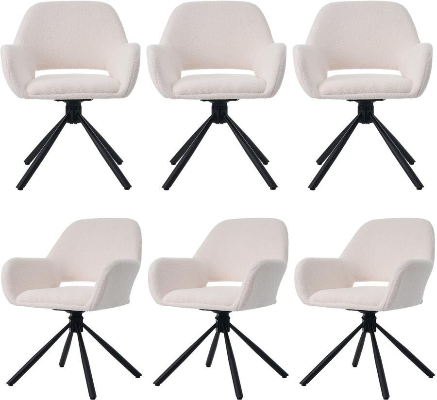 Merax Lamswollen stofeetkamerstoelen set van 6 met armleuningen modern minimalistisch eetkamerstoelen lounge draaistoel wit