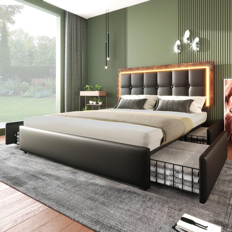 Merax Led-bedframe met verlichting en 4 lades 160x200 cm Verstelbaar hoofdeinde Zwart PU (zonder matras)