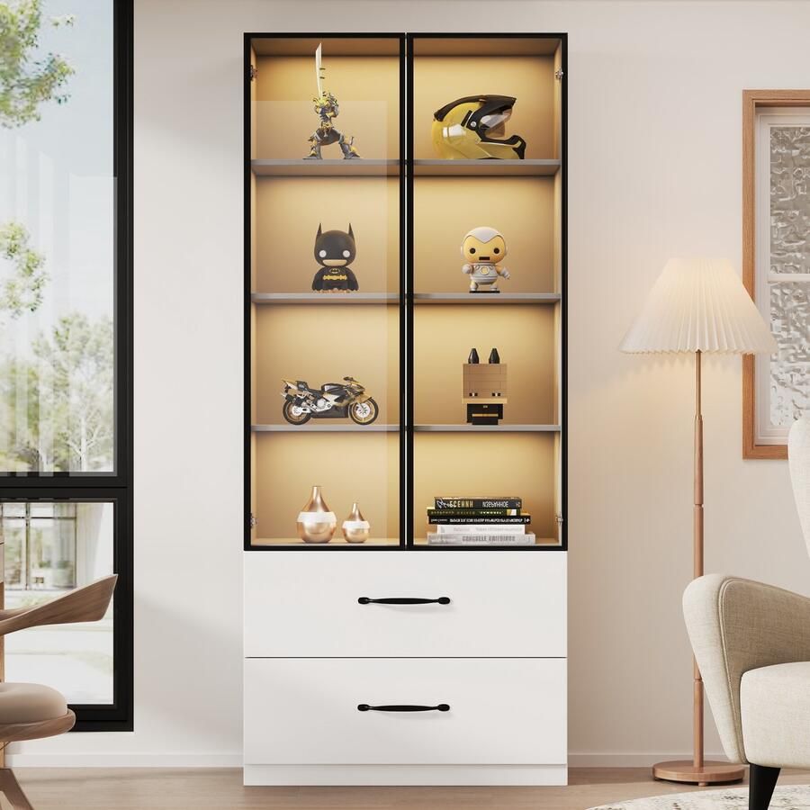 Merax LED-display 60x40x160 cm glazen vitrine boekenkast en multifunctionele kast met lades deuren van gehard glas