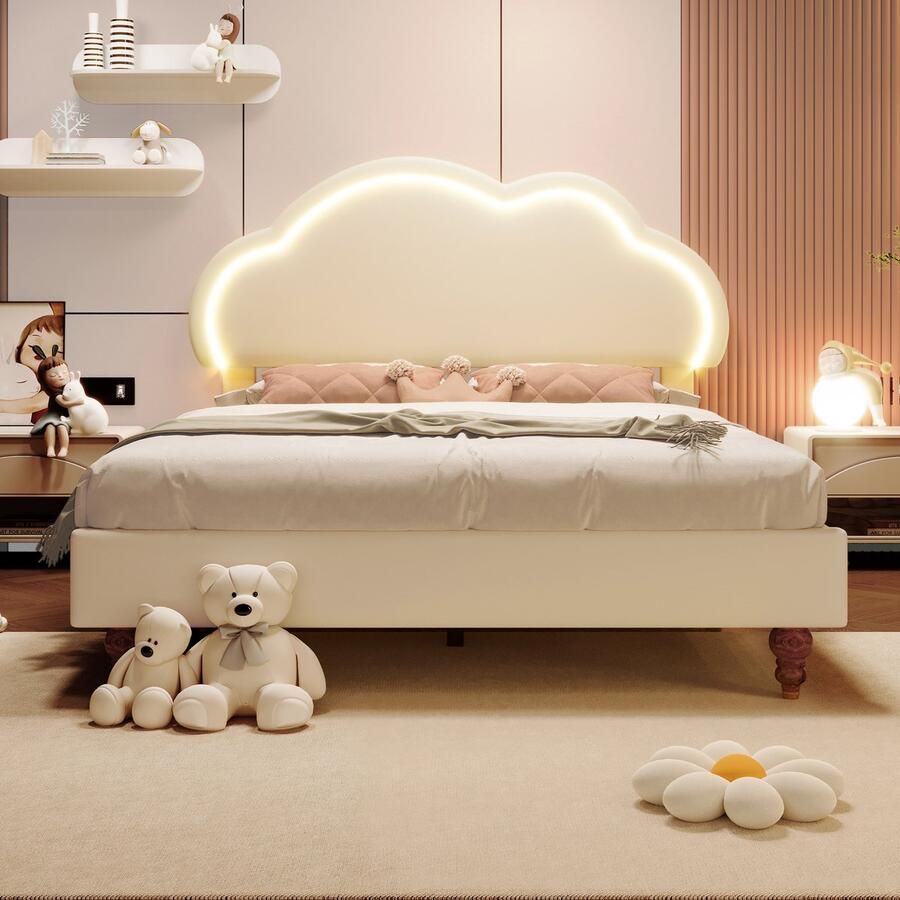 Merax LED Dubbelbed 160x200cm Verstelbaar kopstuk PU-materiaal cr猫me (zonder matras)