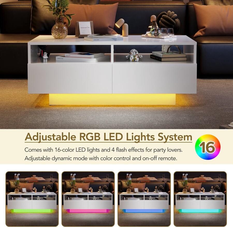 Merax LED Hoogglans Salontafel met 4 Lades Moderne Woonkamertafel met 16 Kleuren LED-verlichting en USB-aansluiting Wit - Foto 3